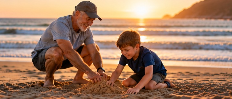 A grandfather and young boy building a sandcastle together on the beach at sunset