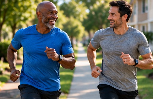 Two men running together outdoors