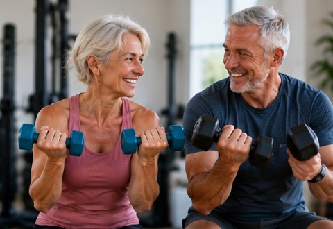 A man and woman over 50 doing light dumbbell training together, smiling